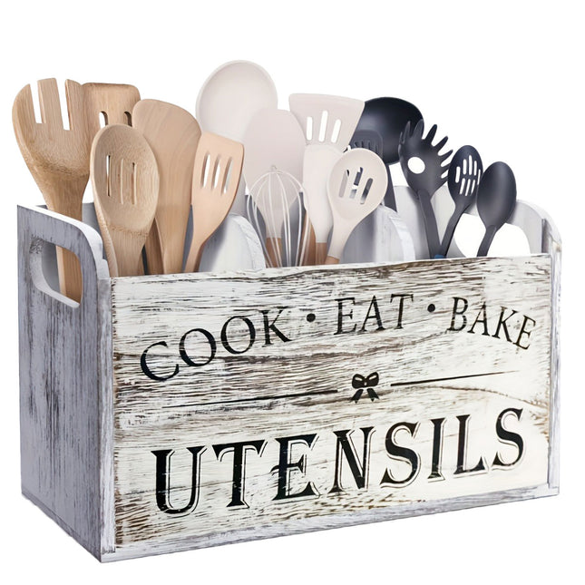 Wooden Rustic Cutlery Organizer Kitchen Utensil Holder Storage Caddy With Handle