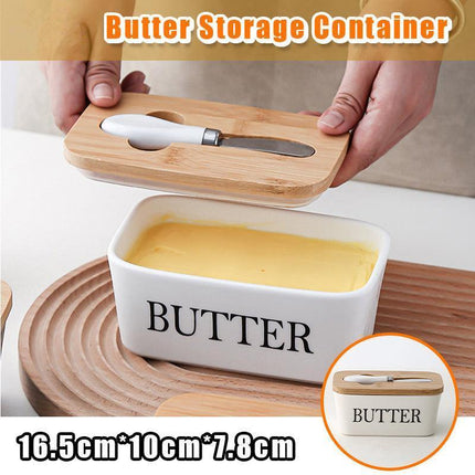 Ceramic Butter Dish Box Storage Tray Container W/ Bamboo Lid &Amp; Butter Cutter - Aimall