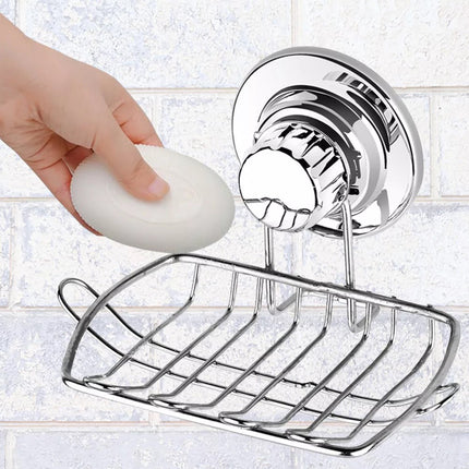 Stainless Steel Soap Dish Rack Suction Cup Silver Wall Mounted Bathroom Storage