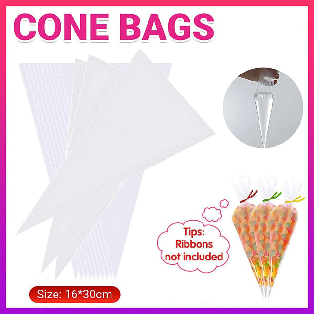 100PCS Clear Cone Cello Bags for Lollies Chocolates Party Gifts Wrapping 16x30cm