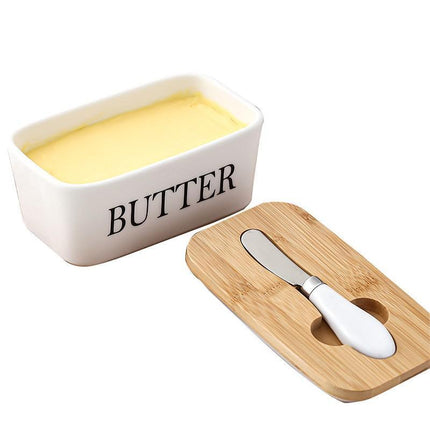 Ceramic Butter Dish Box Storage Tray Container W/ Bamboo Lid &Amp; Butter Cutter - Aimall
