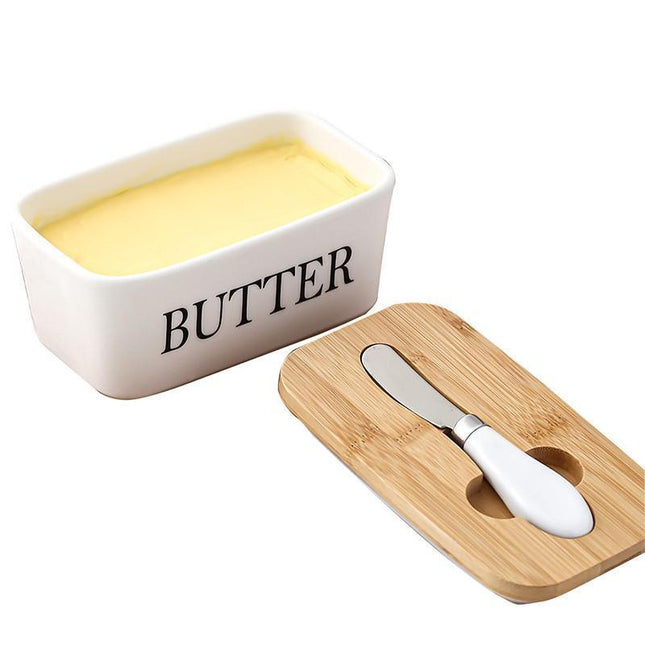 Ceramic Butter Dish Box Storage Tray Container W/ Bamboo Lid &Amp; Butter Cutter - Aimall