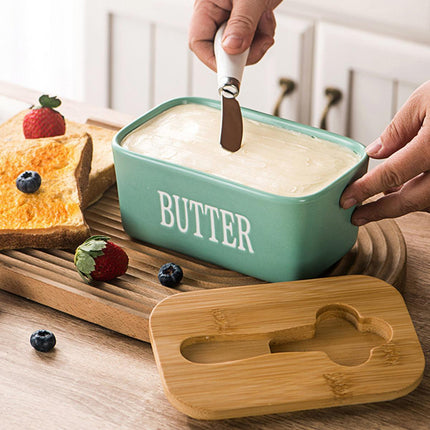 Butter Box with Knife Rectangular Cheese Container with Wooden Lid for Kitchen