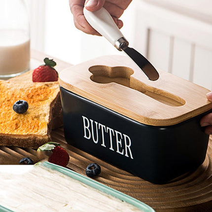 Butter Box with Knife Rectangular Cheese Container with Wooden Lid for Kitchen