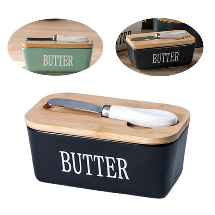 Butter Box with Knife Rectangular Cheese Container with Wooden Lid for Kitchen