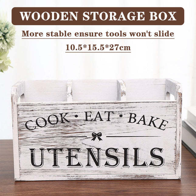 Wooden Rustic Cutlery Organizer Kitchen Utensil Holder Storage Caddy With Handle