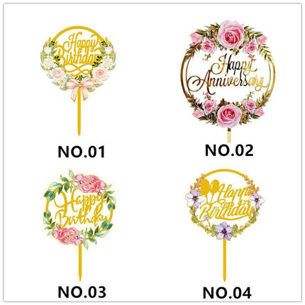 Happy Birthday Anniversary Wedding Cake Flowers Topper Acrylic Party Decorations - Aimall