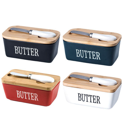 Butter Box with Knife Rectangular Cheese Container with Wooden Lid for Kitchen