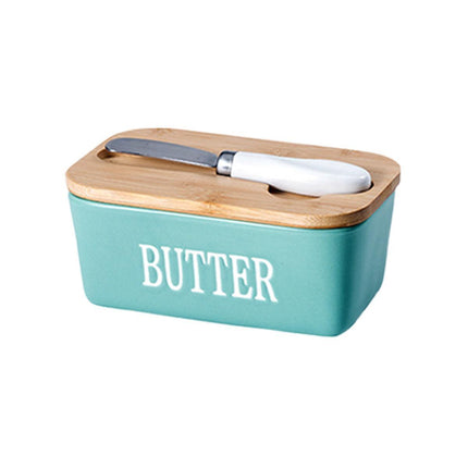 Butter Box with Knife Rectangular Cheese Container with Wooden Lid for Kitchen