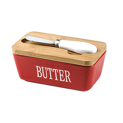 Butter Box with Knife Rectangular Cheese Container with Wooden Lid for Kitchen