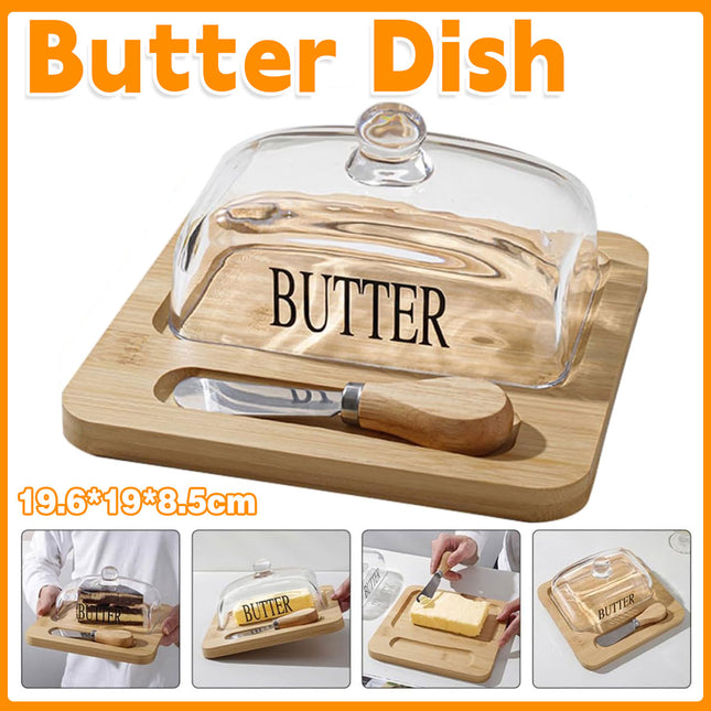 Butter Dish Glass Lid Cheese Cake Dessert Box Storage Container Kitchen Table