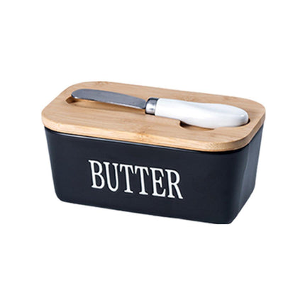 Butter Box with Knife Rectangular Cheese Container with Wooden Lid for Kitchen
