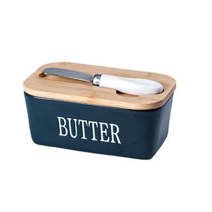 Butter Box with Knife Rectangular Cheese Container with Wooden Lid for Kitchen
