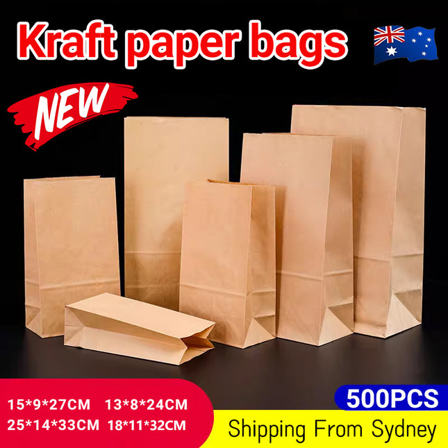 500PCS Kraft Food Paper Bags Brown Flat Bottom Lunch Bags Party Favour Bag