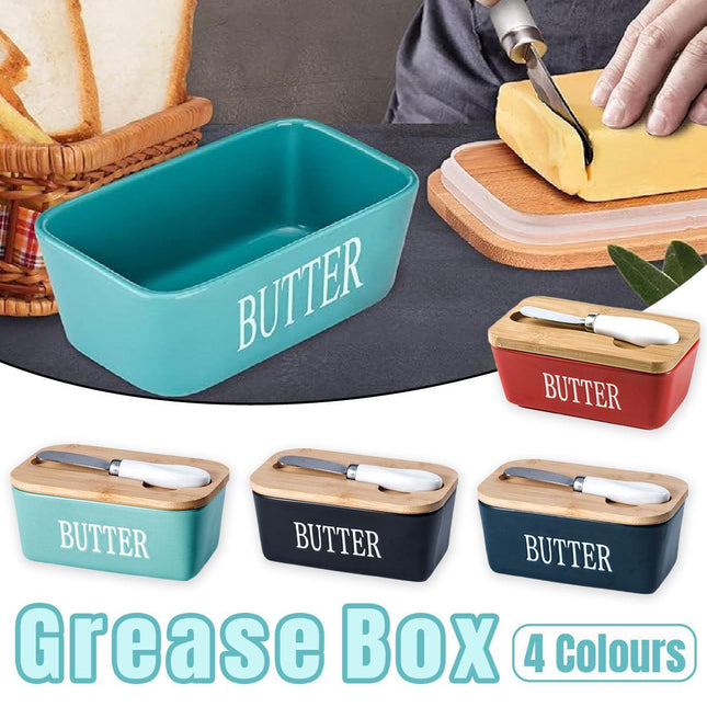 Butter Box with Knife Rectangular Cheese Container with Wooden Lid for Kitchen