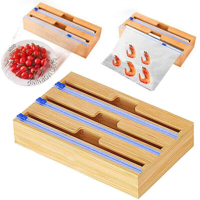 Bamboo Food Wrap Dispenser Cutter Foil Cling Film Storage Holder Box Kitchen Au - Aimall