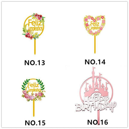 Happy Birthday Anniversary Wedding Cake Flowers Topper Acrylic Party Decorations - Aimall
