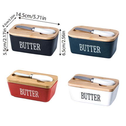 Butter Box with Knife Rectangular Cheese Container with Wooden Lid for Kitchen