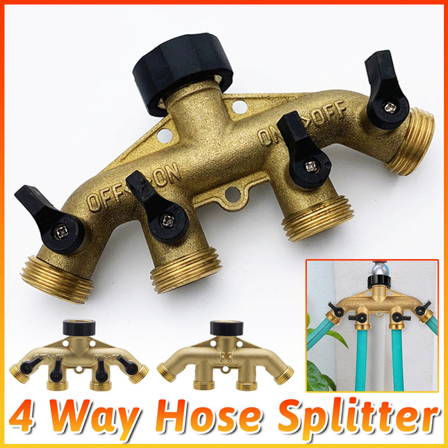 4Way Solid Brass Hose Splitter Quick Connector Shut Off Valves 3-4 Tap Outlet