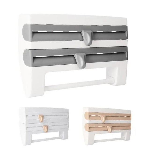 4In1Wall Mount Kitchen Holder Foil Towel Roll Cling Wrap Rack Dispenser Cutter - Aimall