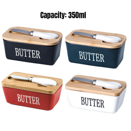Butter Box with Knife Rectangular Cheese Container with Wooden Lid for Kitchen