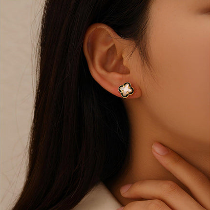 Four-leaf Clover Black Dropping Lace Shell Earrings Atmospheric Simple Light Luxury Fashion Earrings