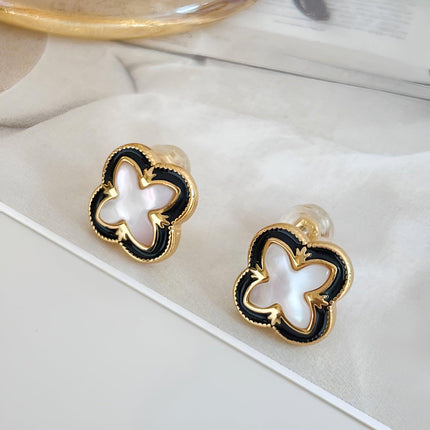Four-leaf Clover Black Dropping Lace Shell Earrings Atmospheric Simple Light Luxury Fashion Earrings