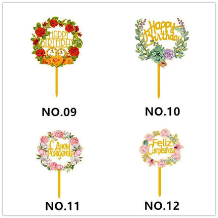 Happy Birthday Anniversary Wedding Cake Flowers Topper Acrylic Party Decorations - Aimall