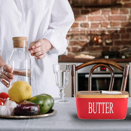 Butter Box with Knife Rectangular Cheese Container with Wooden Lid for Kitchen