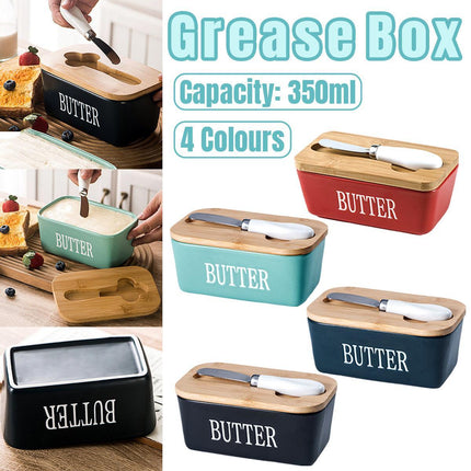 Butter Box with Knife Rectangular Cheese Container with Wooden Lid for Kitchen