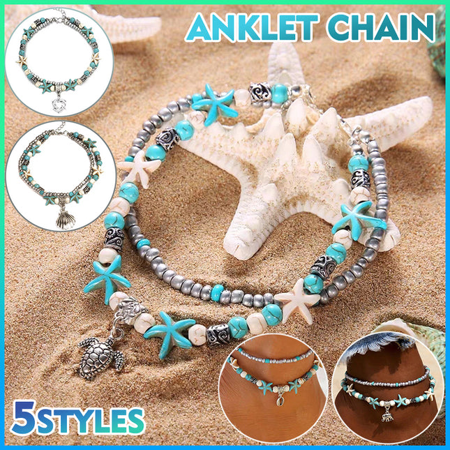 Boho Beaded Anklet with Ocean Charms Alloy Chain Jewellery 5 Styles