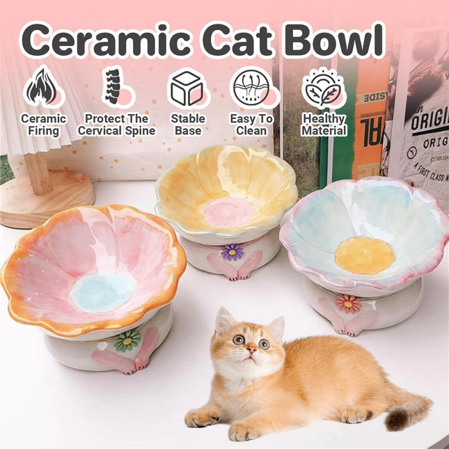 Cute Ceramic Cat Bowl Tilted Tall Pet Food Water Dish Dog Bowl for Cats and Pets