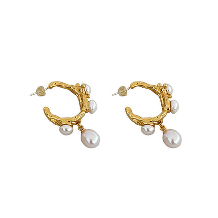 Vintage Textured Hoop Earrings with Freshwater Pearls - Gold Molten Design