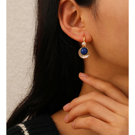 French Vintage Pearl Drop Earrings with Shell and Blue Stone Accent - Detachable Design