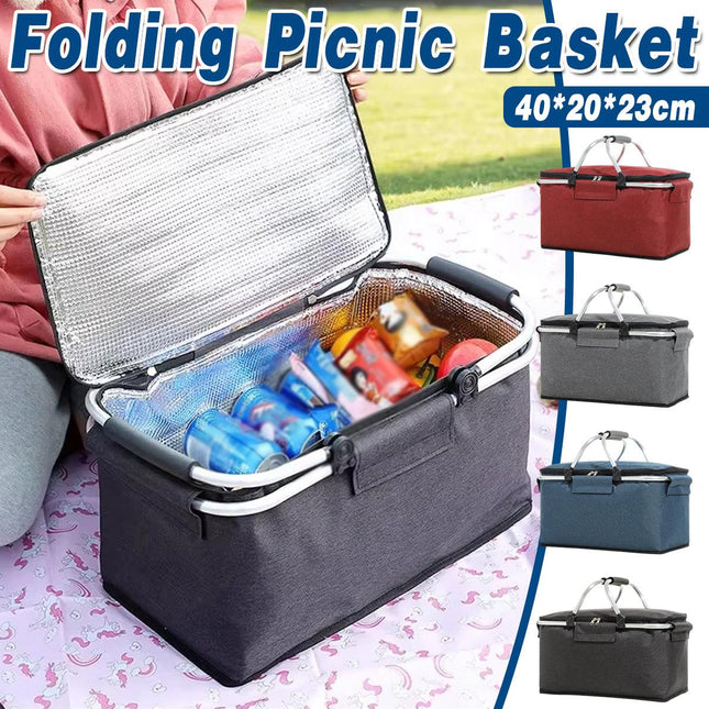 Folding Picnic Basket Insulated Cooler Bag Portable Outdoor Grocery Storage