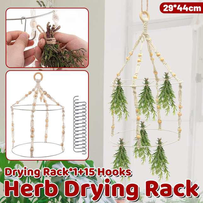 Handwoven Hanging Herb Spice Flower Drying Rack with Cotton Rope Wood Ring