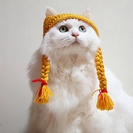 Cat Headwear Handmade Braid Hat Cat Wig Hat Cat Hair Accessory Pet Decoration