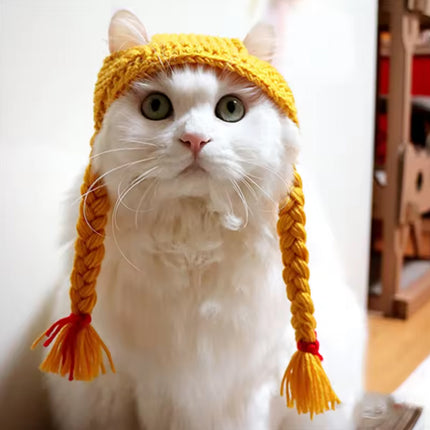 Cat Headwear Handmade Braid Hat Cat Wig Hat Cat Hair Accessory Pet Decoration