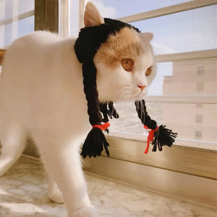 Cat Headwear Handmade Braid Hat Cat Wig Hat Cat Hair Accessory Pet Decoration