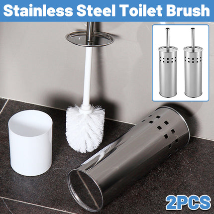 2PCS Toilet Brush Set Stainless Steel Long Handle Soft Bristles Bathroom Cleaner