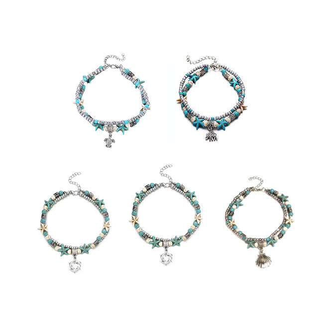Boho Beaded Anklet with Ocean Charms Alloy Chain Jewellery 5 Styles