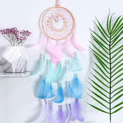 Boho Style Feather Dream Catcher LED Light Girls Bedroom Wall Hanging Decor - Aimall