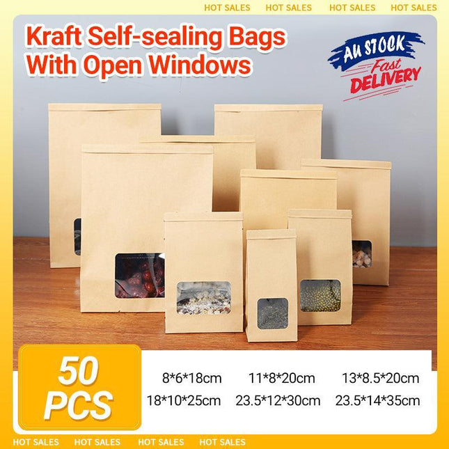 50PCS Kraft Paper Self-sealing Bags Tea Nut Bags Dry Goods Packaging Sealed Bags - Aimall