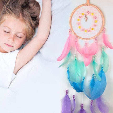 Boho Style Feather Dream Catcher LED Light Girls Bedroom Wall Hanging Decor - Aimall