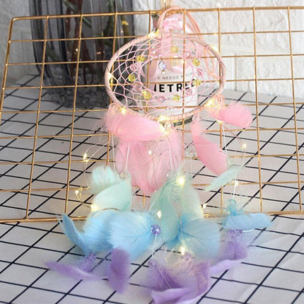 Boho Style Feather Dream Catcher LED Light Girls Bedroom Wall Hanging Decor - Aimall