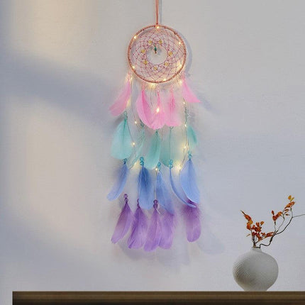 Boho Style Feather Dream Catcher LED Light Girls Bedroom Wall Hanging Decor - Aimall