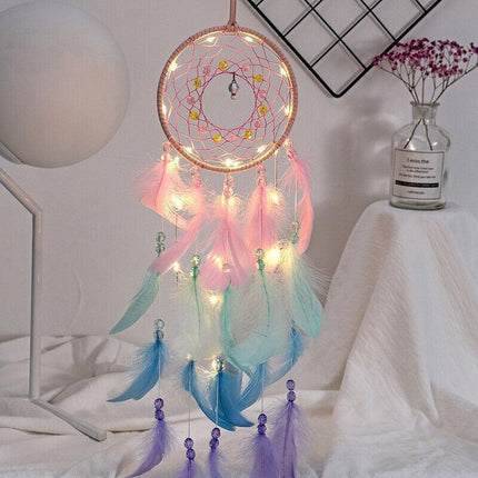 Boho Style Feather Dream Catcher LED Light Girls Bedroom Wall Hanging Decor - Aimall