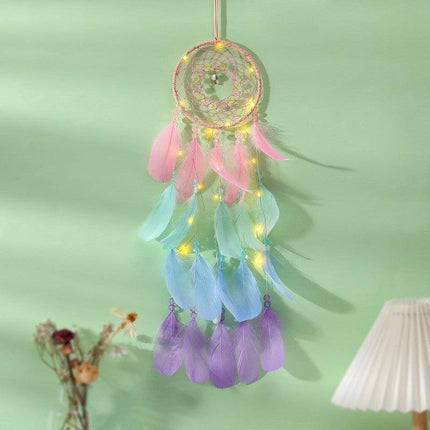 Boho Style Feather Dream Catcher LED Light Girls Bedroom Wall Hanging Decor - Aimall