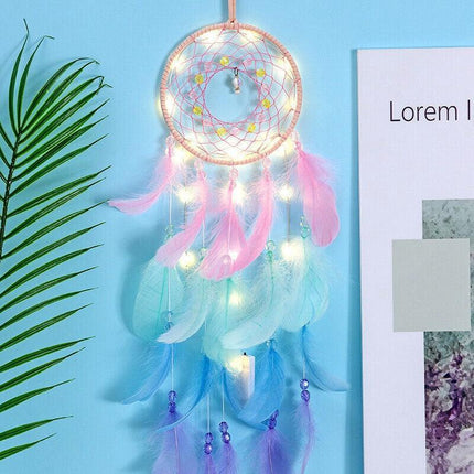 Boho Style Feather Dream Catcher LED Light Girls Bedroom Wall Hanging Decor - Aimall
