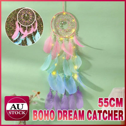 Boho Style Feather Dream Catcher LED Light Girls Bedroom Wall Hanging Decor - Aimall